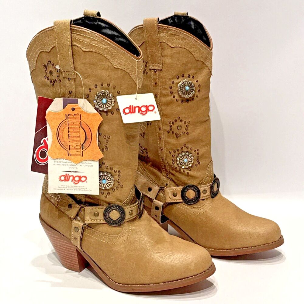 NWT Dingo Dan Post Beige Leather Studded Harness 10" Western Boots Women 6.5M